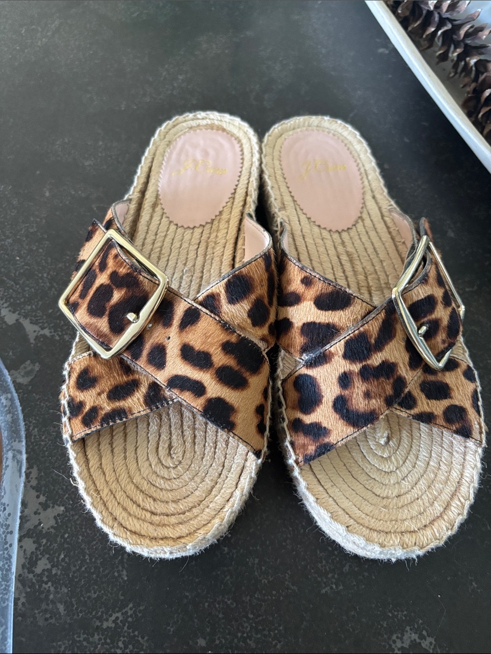J. Crew Leopard Print Espadrille Slides with Gold Buckles